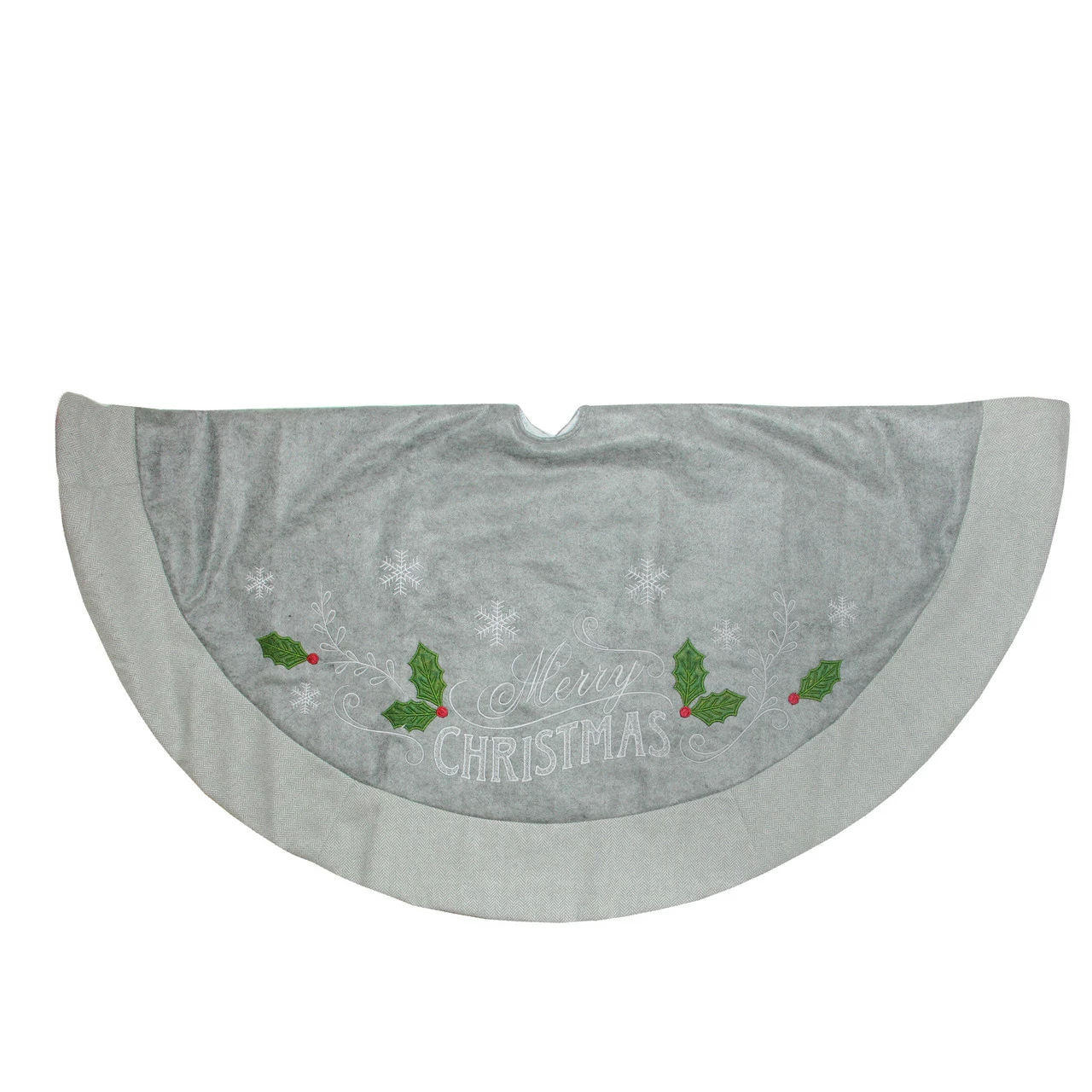 Dyno 48" Gray And Green 'Merry CHRISTMAS' Mottled Tree Skirt With Herringbone Bordered Trim 1 Dyno 48" Gray And Green 'Merry CHRISTMAS' Mottled Tree Skirt With Herringbone Bordered Trim