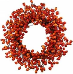 Floral Home 24" Hawthorn Twig Berries Holiday Decorative Winter Christmas Wreath For Front Door, Fireplace, Mantel, Xmas Décor