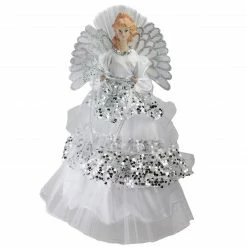 Northlight 16" White And Silver Lighted Fiber Optic Angel Sequined Gown Christmas Tree Topper