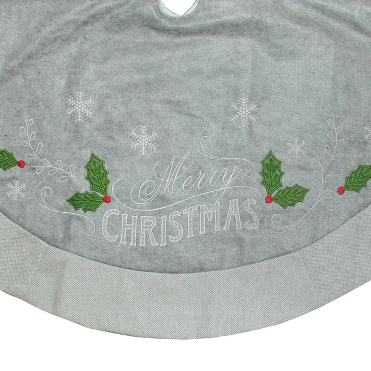 Dyno 48" Gray And Green 'Merry CHRISTMAS' Mottled Tree Skirt With Herringbone Bordered Trim 2 Dyno 48" Gray And Green 'Merry CHRISTMAS' Mottled Tree Skirt With Herringbone Bordered Trim - Image 2