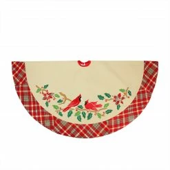 Northlight 48" Beige And Red Embroidered Cardinal Birds Christmas Tree Skirt With Plaid Border