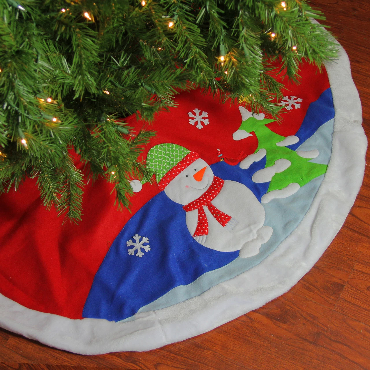 Dyno 48" Red Fleece Christmas Snowman Winter Tree Skirt With White Faux Fur Trim 2 Dyno 48" Red Fleece Christmas Snowman Winter Tree Skirt With White Faux Fur Trim - Image 2
