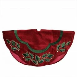 Northlight 48" Embroidered Metallic Red And Green Holly Scalloped Velvet Christmas Tree Skirt