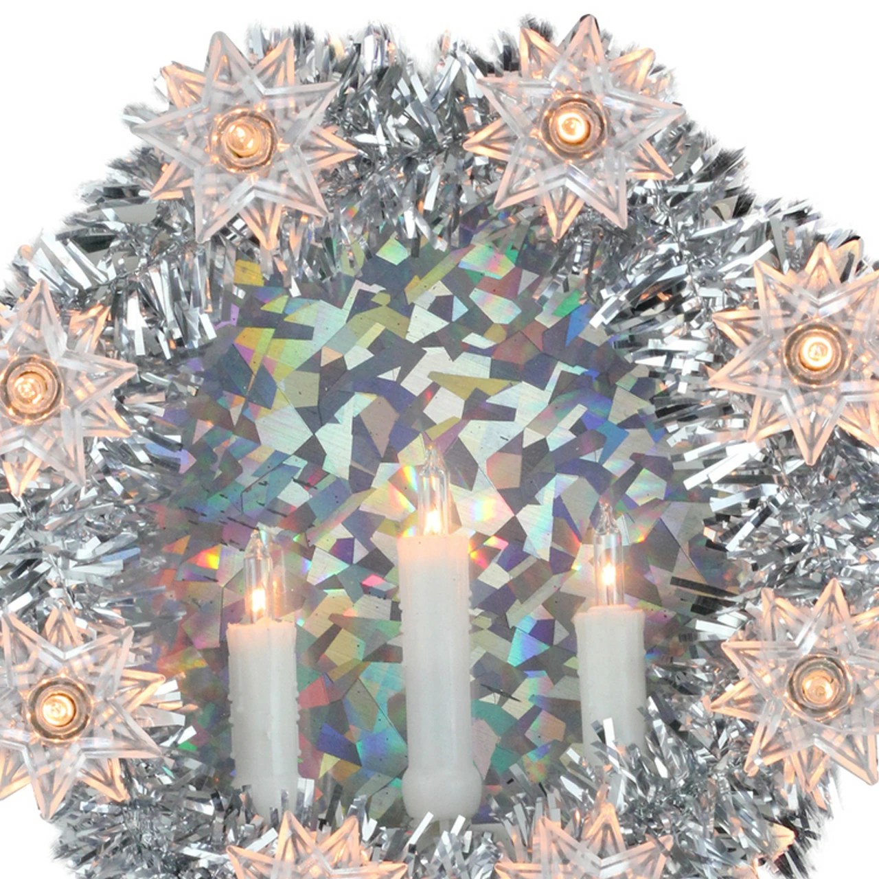 Northlight 7" Silver Wreath With Candles Christmas Tree Topper - Clear Lights 3 Northlight 7" Silver Wreath With Candles Christmas Tree Topper - Clear Lights - Image 3