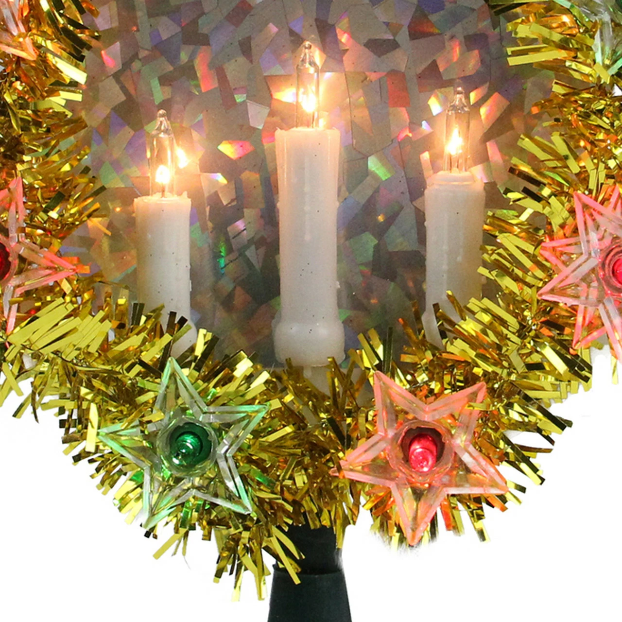 Northlight 7" Lighted Gold Tinsel Wreath With Candles Christmas Tree Topper - Multi Lights 4 Northlight 7" Lighted Gold Tinsel Wreath With Candles Christmas Tree Topper - Multi Lights - Image 4