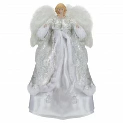 Northlight 18" Blonde Angel In White And Sliver Dress With Faux Fur Trim Christmas Tree Topper