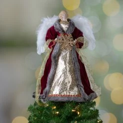 Northlight 18" Lighted Red And Gold Angel In A Dress Christmas Tree Topper - Warm White Lights