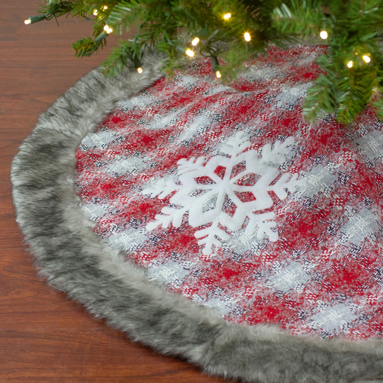 Northlight 48" Red And White Plaid Christmas Tree Skirt With Snowflake 2 Northlight 48" Red And White Plaid Christmas Tree Skirt With Snowflake - Image 2