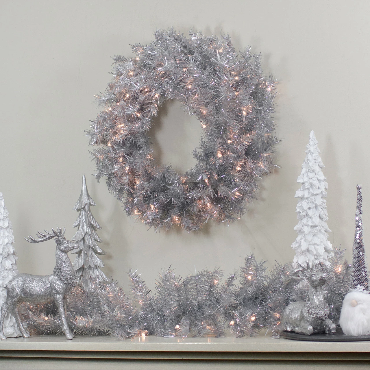 Northlight 24" Silver Tinsel Artificial Christmas Wreath, Clear Lights 2 Northlight 24" Silver Tinsel Artificial Christmas Wreath, Clear Lights - Image 2