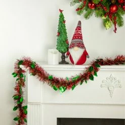 Northlight 12' X 4" Shiny Red And Green Christmas Tinsel Garland With Holly Leaves - Unlit -Wreaths & Garland shop northlight k15323 styled 49184.1666900381