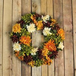Northlight Autumn Orange And Green Chrysanthemum Artificial Thanksgiving Wreath - 19.5-Inch, Unlit -Wreaths & Garland shop northlight kji2015967 40215.1665610430
