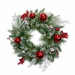 Northlight Flocked Mixed Pine With Ornaments And Berries Artificial Christmas Wreath, 24-Inch, Unlit