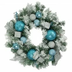 Northlight Flocked Pine With Teal And Silver Ornaments Artificial Christmas Wreath, 24-Inch, Unlit
