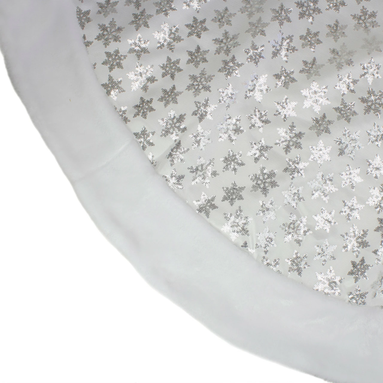 Northlight 60" White And Silver Sequin Snowflake Christmas Tree Skirt With Faux Fur Border 3 Northlight 60" White And Silver Sequin Snowflake Christmas Tree Skirt With Faux Fur Border - Image 3