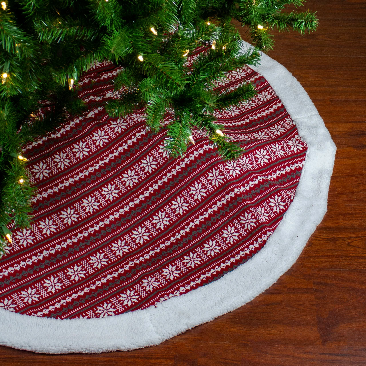 Northlight 48" Red And White Knitted Snowflake Lodge Christmas Tree Skirt 2 Northlight 48" Red And White Knitted Snowflake Lodge Christmas Tree Skirt - Image 2
