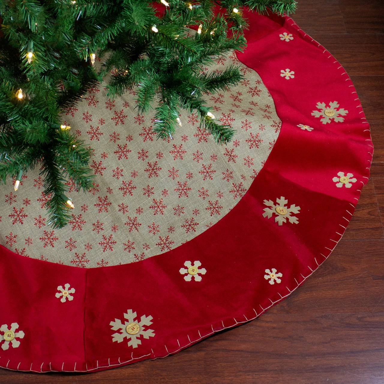 Northlight 60" Burlap Glittered Snowflake Rustic Christmas Tree Skirt With Red Velvet Trim 2 Northlight 60" Burlap Glittered Snowflake Rustic Christmas Tree Skirt With Red Velvet Trim - Image 2