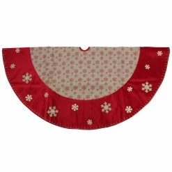 Northlight 60" Burlap Glittered Snowflake Rustic Christmas Tree Skirt With Red Velvet Trim