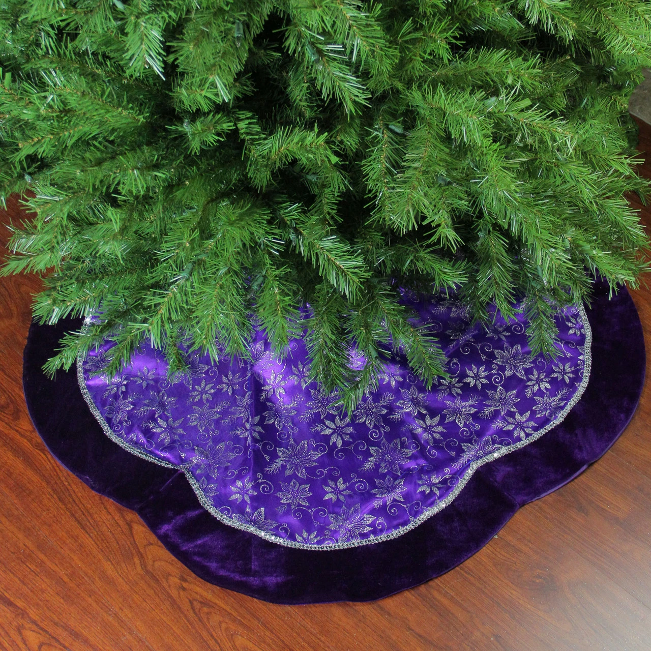 Northlight 48" Purple And Silver Glittered Floral Christmas Tree Skirt 2 Northlight 48" Purple And Silver Glittered Floral Christmas Tree Skirt - Image 2