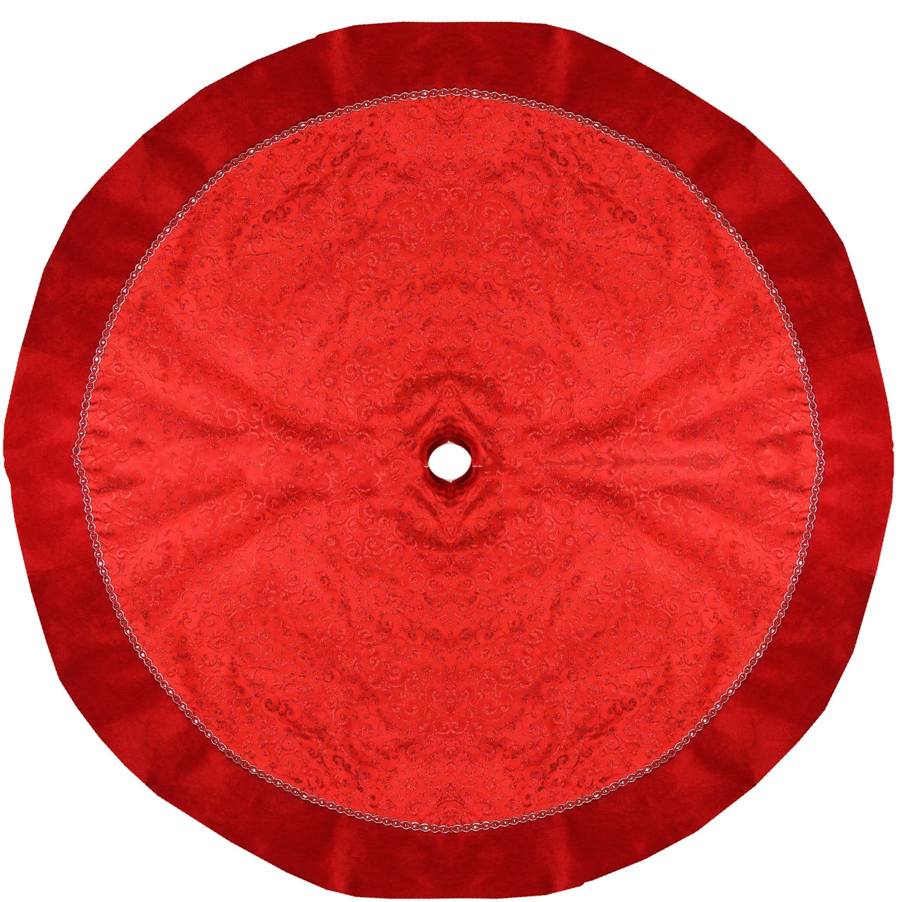 Northlight 48" Red Glittered Swirl Sheer Organza Christmas Tree Skirt With Velvet Trim 1 Northlight 48" Red Glittered Swirl Sheer Organza Christmas Tree Skirt With Velvet Trim