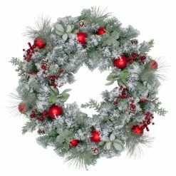 Northlight Flocked Artificial Mixed Pine And Red Ball And Berries Christmas Wreath, 40-Inch, Unlit