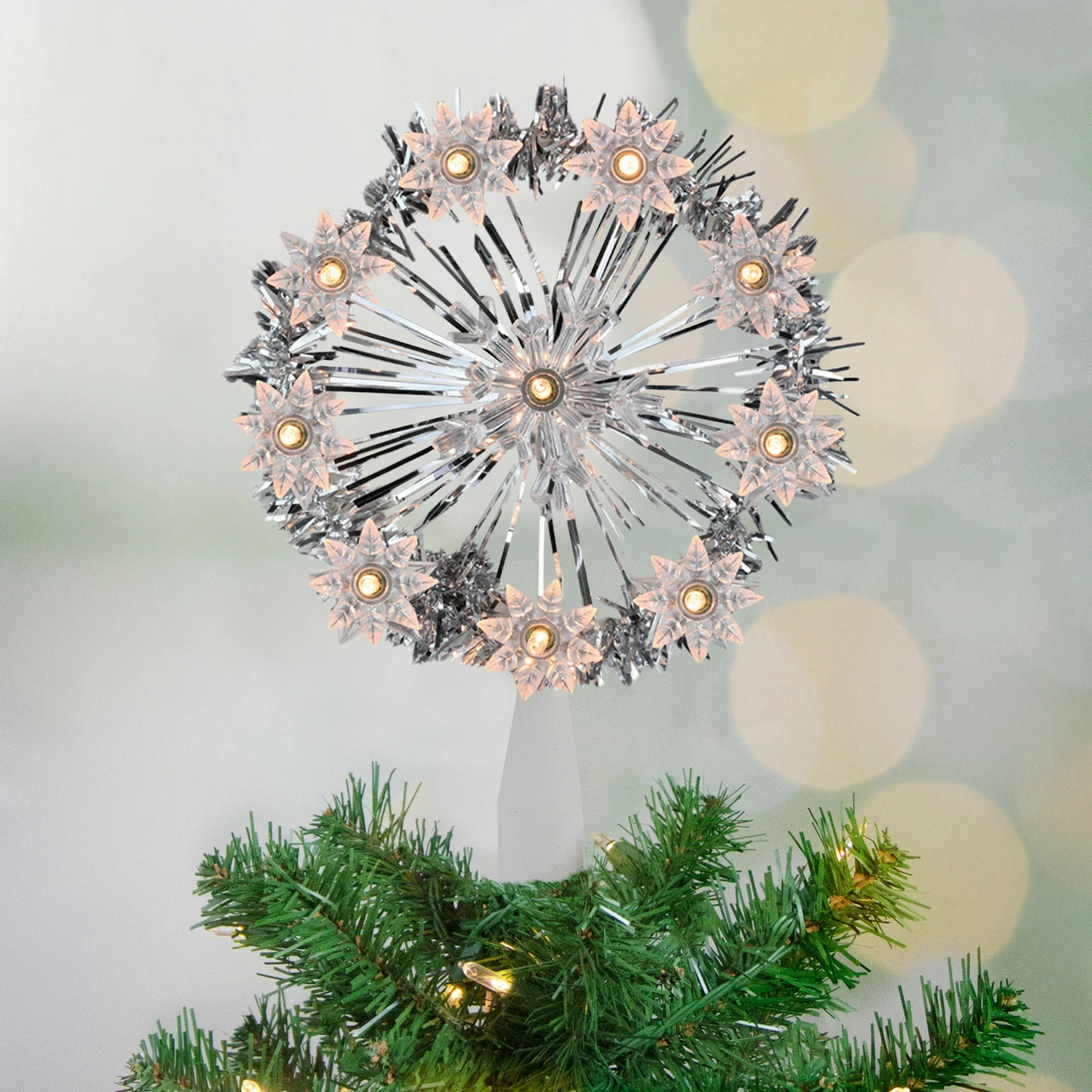 Northlight 7" Silver Pre-Lit Snowflake Starburst Christmas Tree Topper - Clear Lights 2 Northlight 7" Silver Pre-Lit Snowflake Starburst Christmas Tree Topper - Clear Lights - Image 2