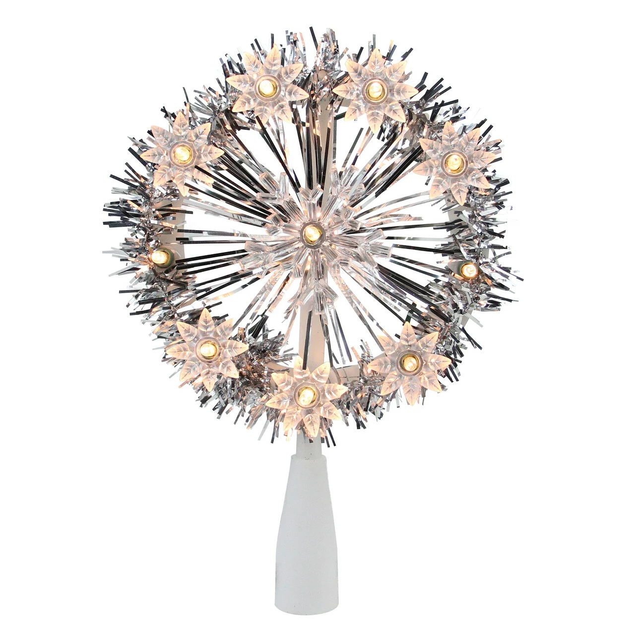 Northlight 7" Silver Pre-Lit Snowflake Starburst Christmas Tree Topper - Clear Lights 1 Northlight 7" Silver Pre-Lit Snowflake Starburst Christmas Tree Topper - Clear Lights