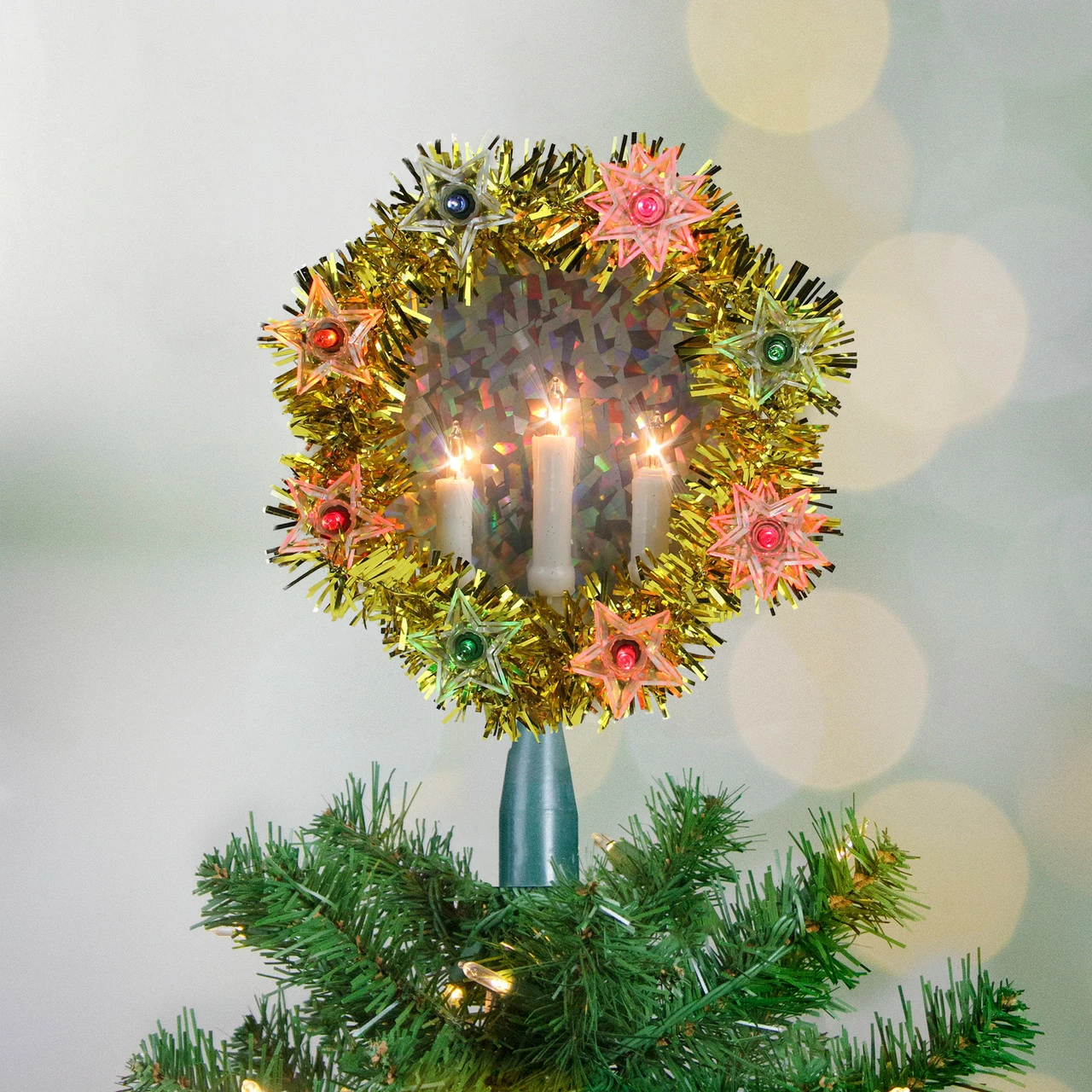 Northlight 7" Lighted Gold Tinsel Wreath With Candles Christmas Tree Topper - Multi Lights 2 Northlight 7" Lighted Gold Tinsel Wreath With Candles Christmas Tree Topper - Multi Lights - Image 2