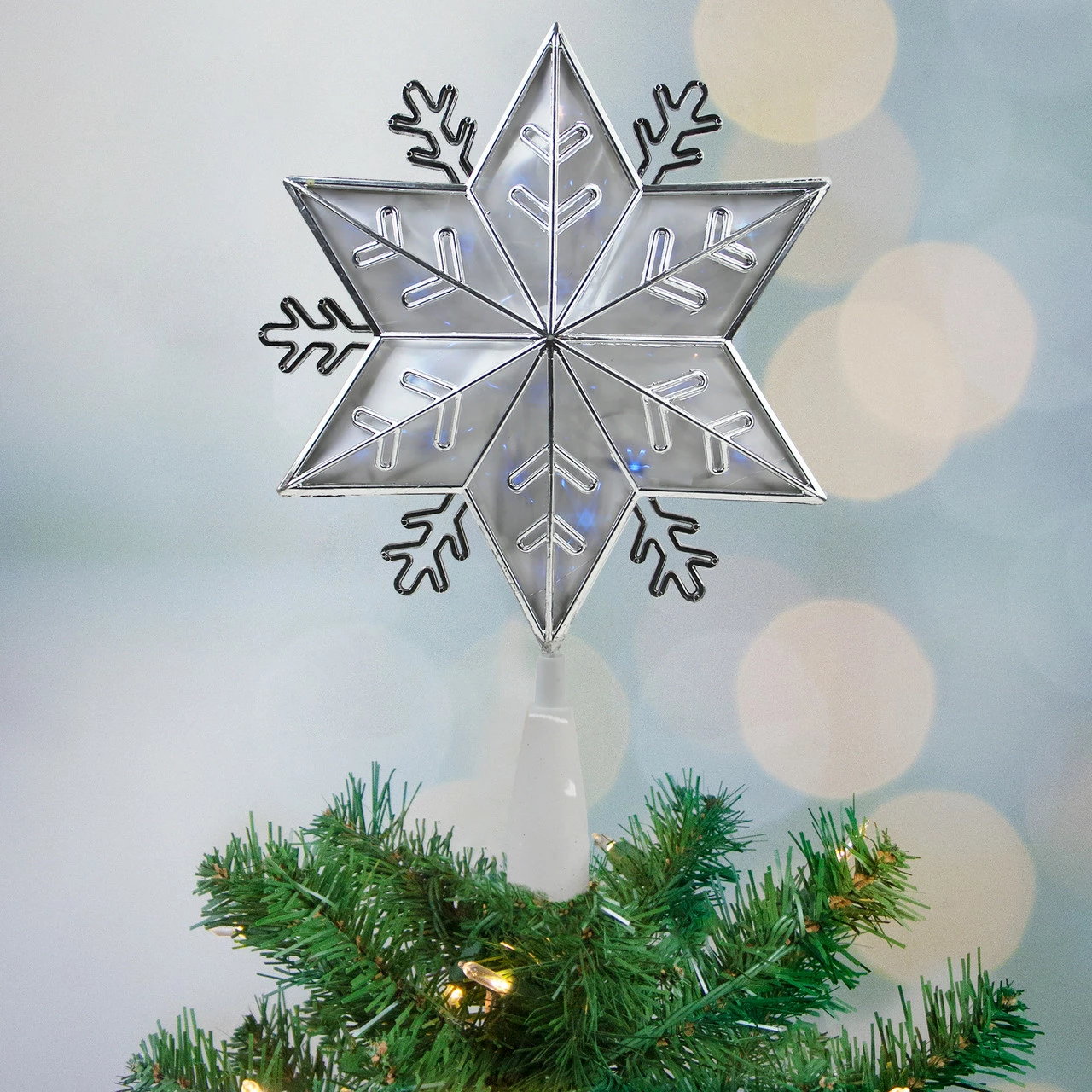 Northlight 10" Lighted Silver Snowflake Christmas Tree Topper - Blue Lights 2 Northlight 10" Lighted Silver Snowflake Christmas Tree Topper - Blue Lights - Image 2