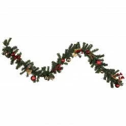 Northlight 6' X 8" Pre-Lit Decorated Burgundy And Gold Pine Artificial Christmas Garland, Cool White LED Lights