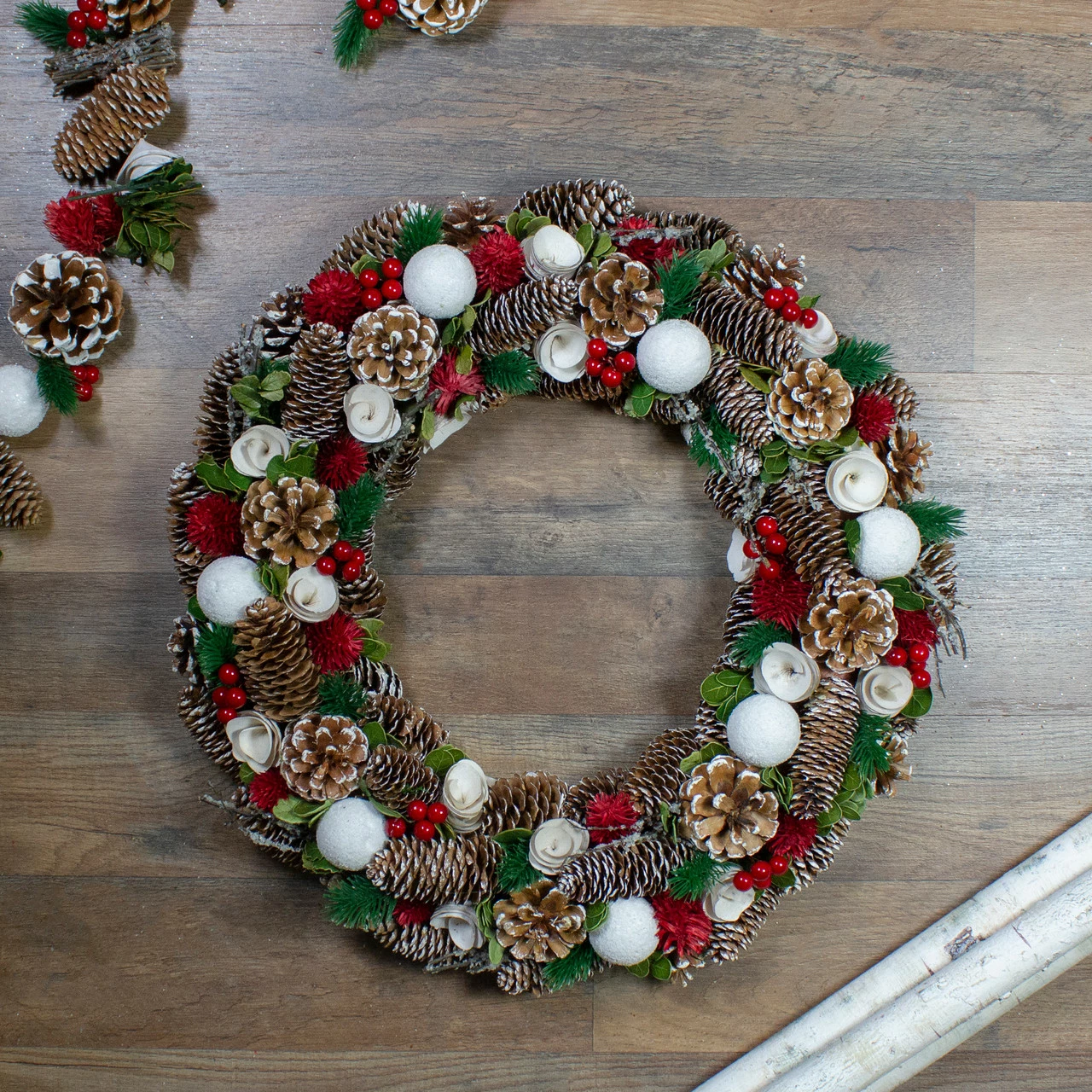 Northlight Frosted Pine Cone And Wooden Rose Artificial Christmas Wreath, 19-Inch, Unlit 2 Northlight Frosted Pine Cone And Wooden Rose Artificial Christmas Wreath, 19-Inch, Unlit - Image 2