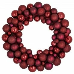 Northlight Burgundy 3-Finish Shatterproof Ball Christmas Wreath - 24", Unlit