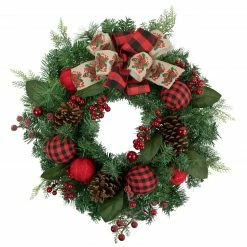 Northlight Green Pine Artificial Christmas Wreath With Bows And Plaid Ornaments, 24-Inch, Unlit