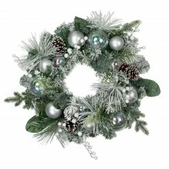 Northlight Flocked Pine Artificial Christmas Wreath With Iridescent Ornaments, 24-Inch, Unlit