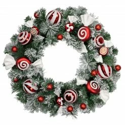 Northlight Frosted Pine Artificial Christmas Wreath With Swirled Candy Ornaments, 24-Inch