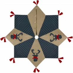 Northlight 48" Blue And Brown Burlap And Plaid Reindeer Christmas Tree Skirt With Tassels