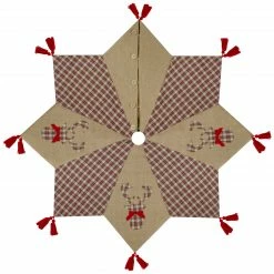 Northlight 48" Red And Brown Burlap And Plaid Reindeer Christmas Tree Skirt With Tassels