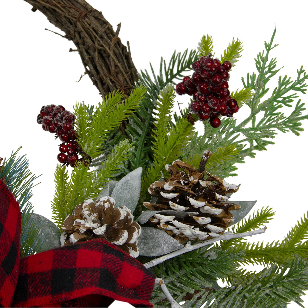 Northlight Icy Winter Foliage And Plaid Bow Artificial Christmas Twig Wreath, 23 Inch, Unlit 4 Northlight Icy Winter Foliage And Plaid Bow Artificial Christmas Twig Wreath, 23 Inch, Unlit - Image 4