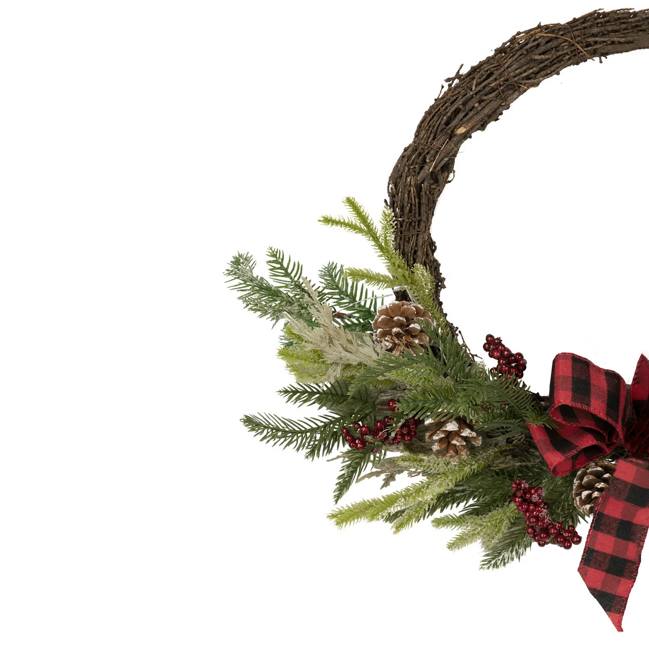 Northlight Icy Winter Foliage And Plaid Bow Artificial Christmas Twig Wreath, 23 Inch, Unlit 5 Northlight Icy Winter Foliage And Plaid Bow Artificial Christmas Twig Wreath, 23 Inch, Unlit - Image 5