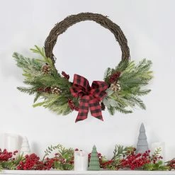 Alternative view of Northlight Icy Winter Foliage And Plaid Bow Artificial Christmas Twig Wreath, 23 Inch, Unlit