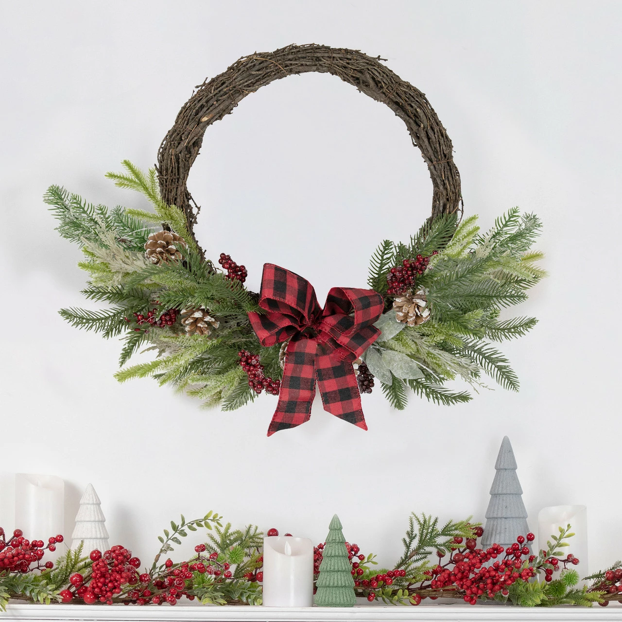 Northlight Icy Winter Foliage And Plaid Bow Artificial Christmas Twig Wreath, 23 Inch, Unlit 2 Northlight Icy Winter Foliage And Plaid Bow Artificial Christmas Twig Wreath, 23 Inch, Unlit - Image 2