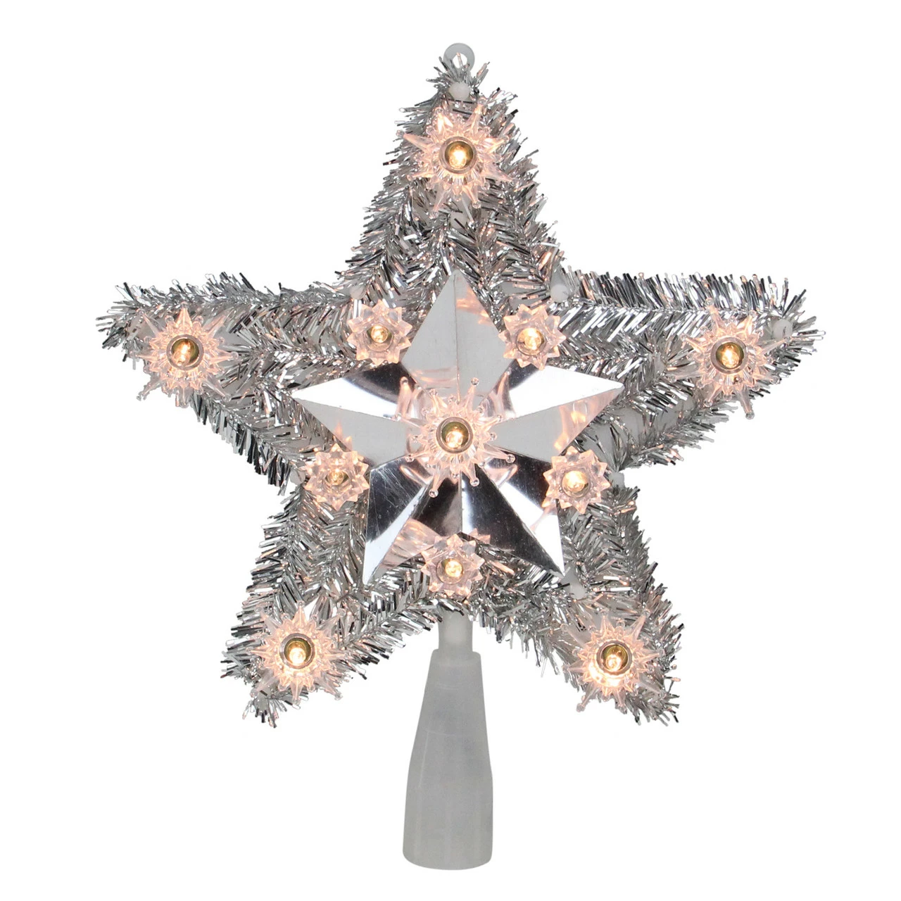Northlight 9" Silver Tinsel Star Christmas Tree Topper - Clear Lights 1 Northlight 9" Silver Tinsel Star Christmas Tree Topper - Clear Lights