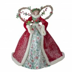 Roman Set Of 2 Beige And Red Holly Floral Dress Angel Christmas Tree Toppers 17"