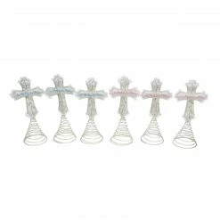 Roman Set Of 6 Ivory And Green God Bless Baby's First Christmas Cross Tree Toppers 9"