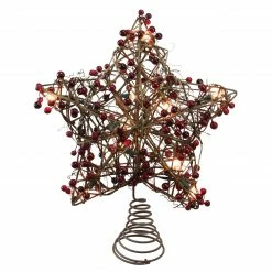 Northlight 13.5" Brown Rattan With Red Berries Star Christmas Tree Topper - Clear Lights