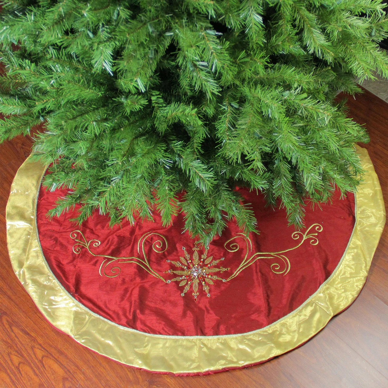 St. Nick's Choice 54" Gold And Burgundy Gem Embroidered Snowflake Swirls Silk Christmas Tree Skirt 2 St. Nick's Choice 54" Gold And Burgundy Gem Embroidered Snowflake Swirls Silk Christmas Tree Skirt - Image 2