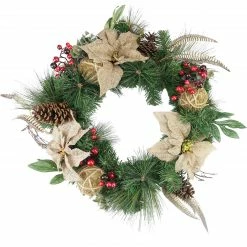 Northlight Mixed Pine Berry And Burlap Poinsettia Artificial Christmas Wreath - 24-Inch, Unlit
