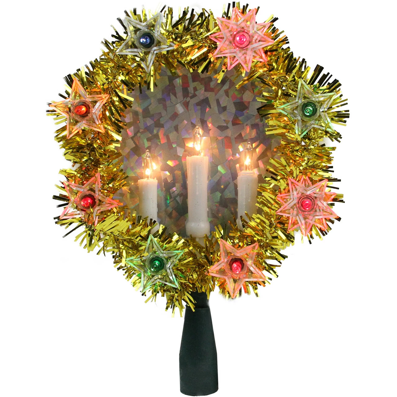 Northlight 7" Lighted Gold Tinsel Wreath With Candles Christmas Tree Topper - Multi Lights 1 Northlight 7" Lighted Gold Tinsel Wreath With Candles Christmas Tree Topper - Multi Lights