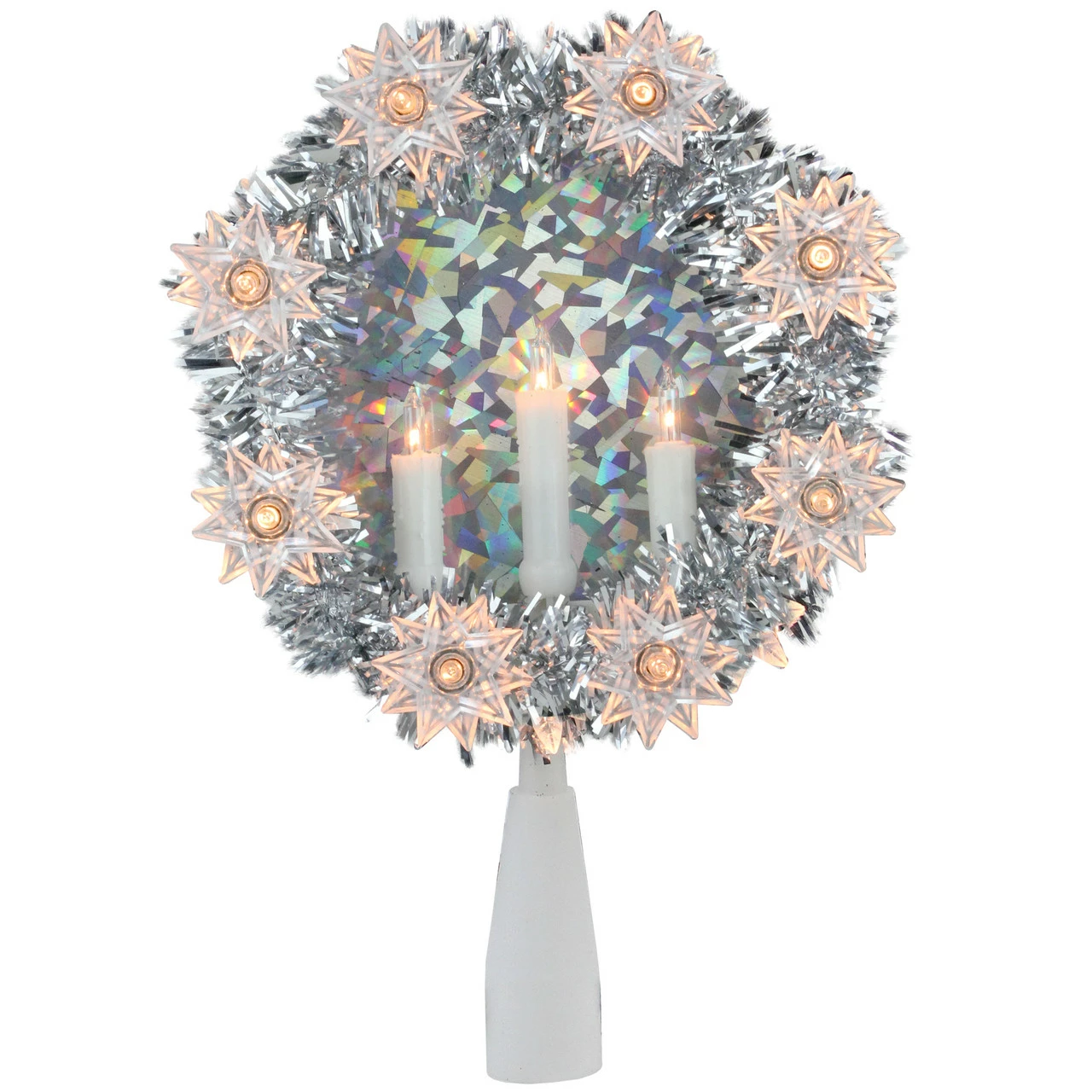 Northlight 7" Silver Wreath With Candles Christmas Tree Topper - Clear Lights 1 Northlight 7" Silver Wreath With Candles Christmas Tree Topper - Clear Lights