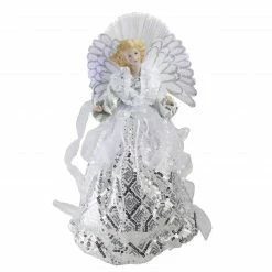 Northlight 16" White And Silver Lighted Angel Sequined Gown Christmas Tree Topper